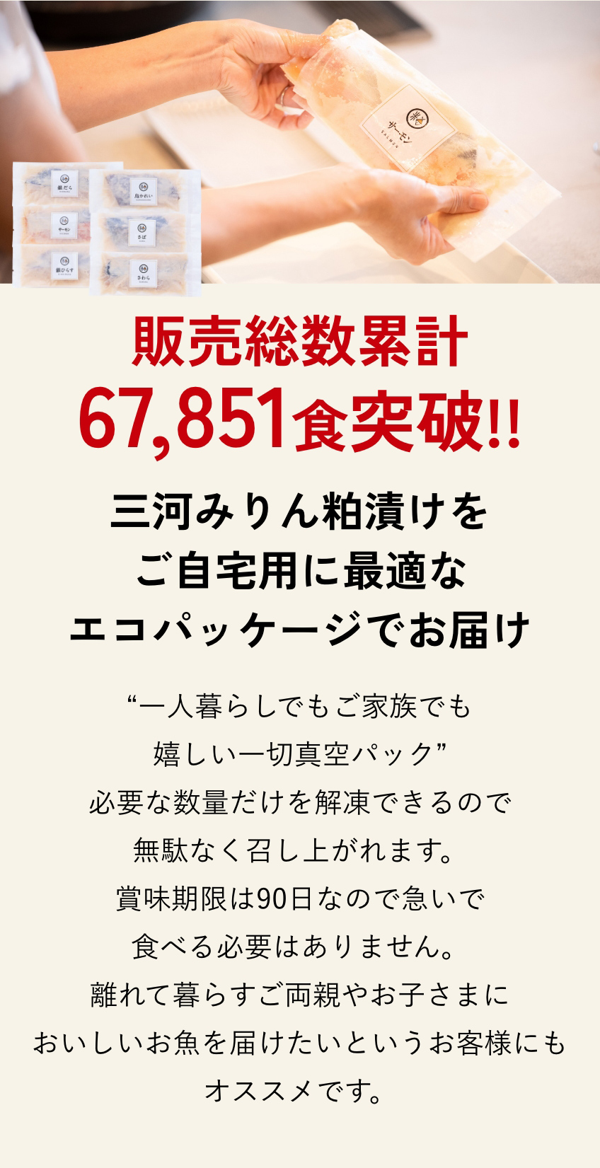 販売総数累計67,851食突破!!
    三河みりん粕漬けをご自宅用に最適なエコパッケージでお届け